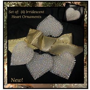 Beautiful (4) Iridescent Heart Christmas Ornaments Nice! Loaded With Bling! New!